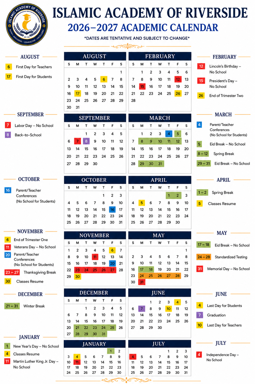 Academic Calendar 2026 - 2027